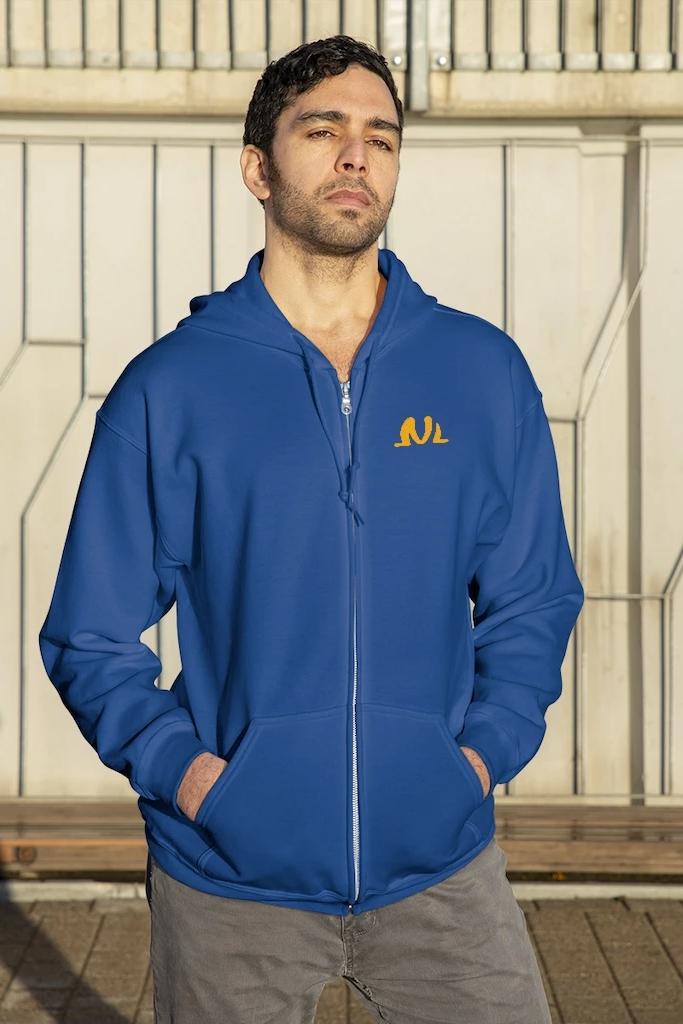 blue zip up hoodie throw on